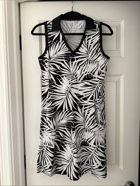 Tommy Bahama Black and White Palm-Print Sleeveless Polo Dress